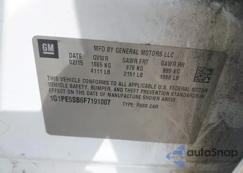 2015 Chevrolet Cruze 2Lt Auto z USA, uszkodzony, nr VIN 1G1PE5SB6F7191007